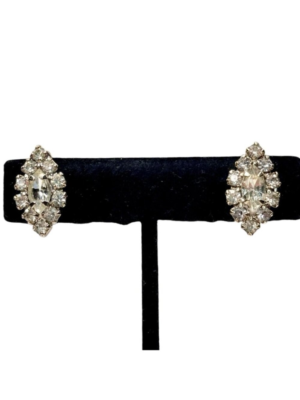 Marquise Cut Earrings Prong Set Rhinestones Clip On Silver Tone 3/4" Vintage - Picture 2 of 12